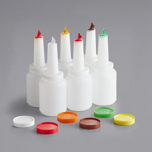 Choice 2 Qt. Pour Bottle Set with Assorted Color Spouts and Caps - 6/Pack