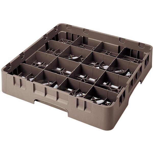 Cambro 16S800167 Camrack 8 1/2" High Customizable Brown 16 Compartment Glass Rack with 4 Extenders