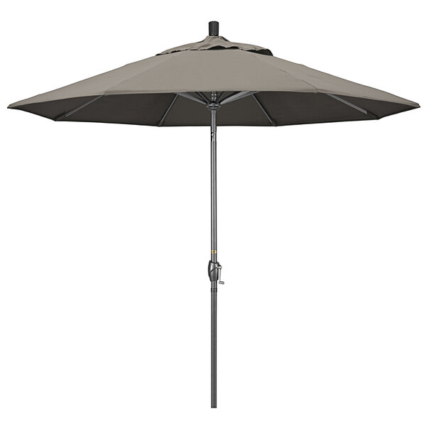 A taupe California Umbrella on a hammertone aluminum pole.