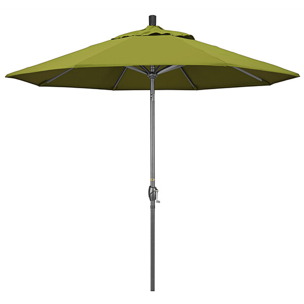 A close-up of a green California Umbrella on a hammertone aluminum pole.
