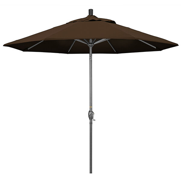 A close up of a brown California Umbrella on a hammertone aluminum pole.