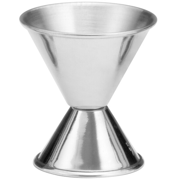 A stainless steel Tablecraft jigger with a small base and a cone-shaped top.