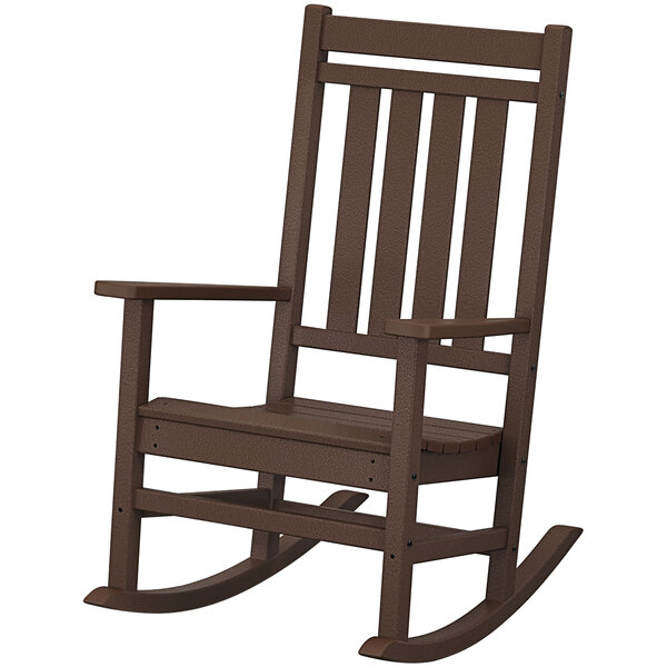 A brown POLYWOOD rocking chair with armrests.