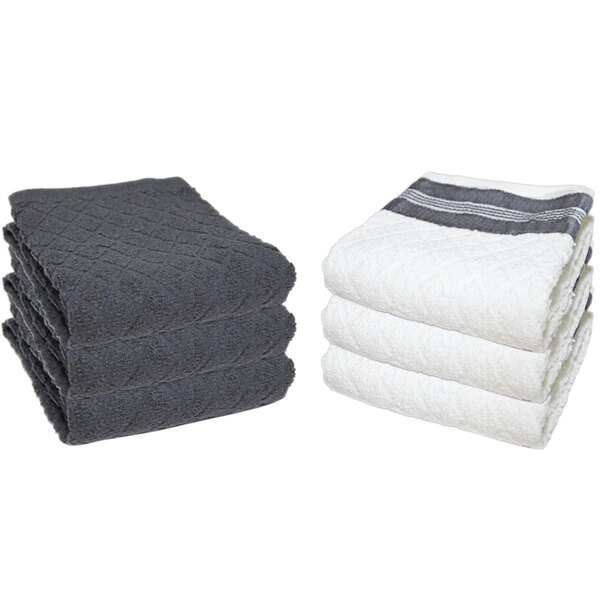 A stack of Monarch Brands gray diamond pattern terry kitchen towels.