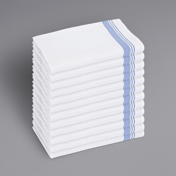 A stack of blue-striped Monarch Brands kitchen towels.