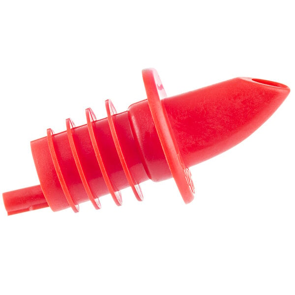 A close-up of a TableCraft red plastic liquor pourer.