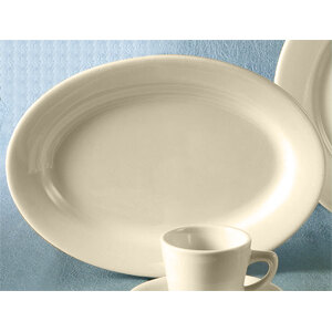 CAC REC-51 15 1/2" x 10" Ivory (American White) Wide Rim Rolled Edge Oval China Platter - 12/Case