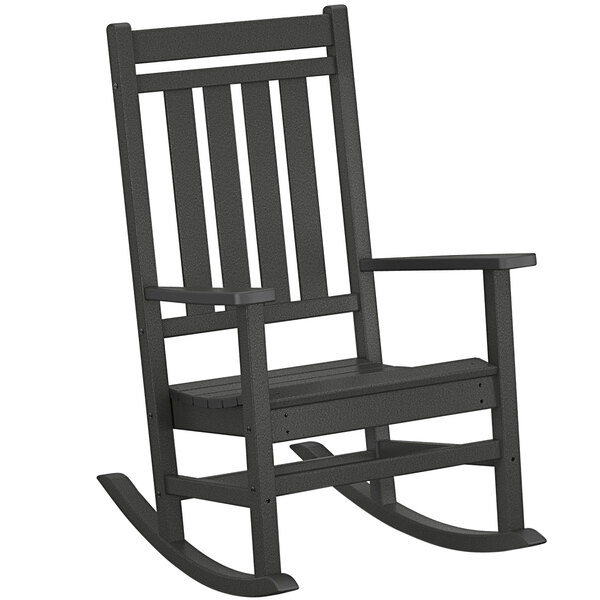 A black POLYWOOD rocking chair with armrests and a wooden seat.