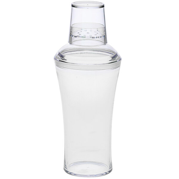 A clear plastic Tablecraft bar shaker with a clear cap.