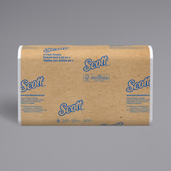 A brown rectangular box of white Scott C-fold paper towels.