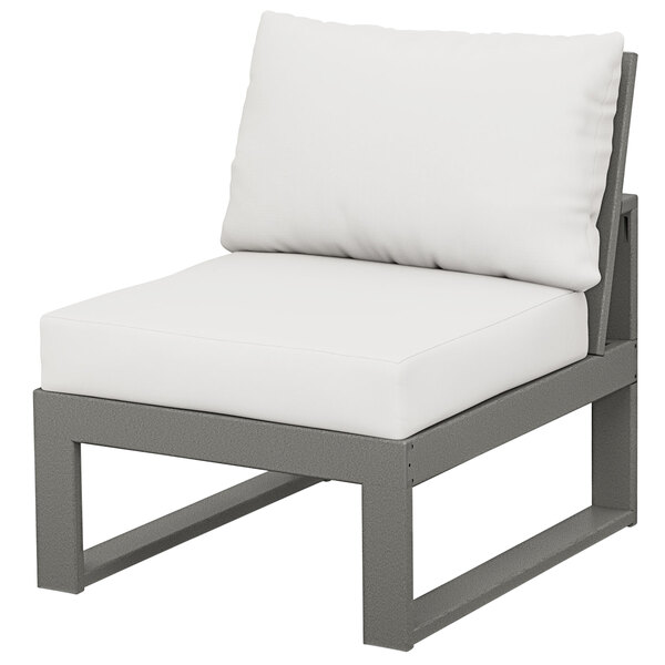A POLYWOOD armless chair in slate grey with a white cushion.