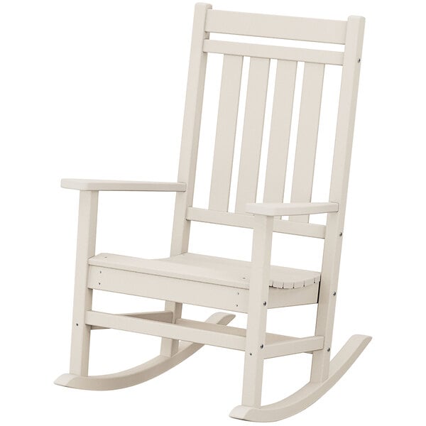 A white POLYWOOD rocking chair with armrests.