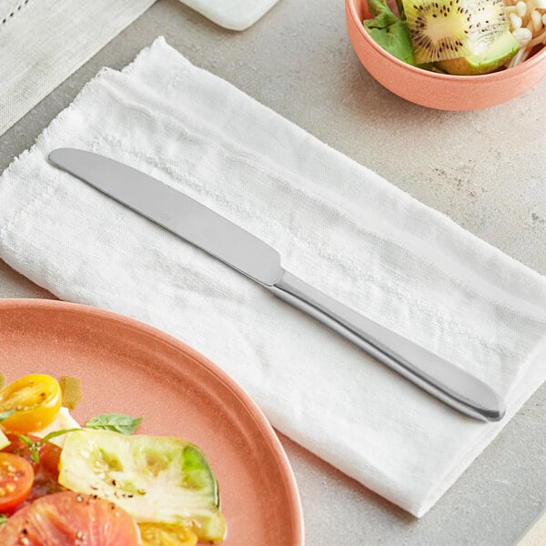 An Acopa Pangea stainless steel dinner knife on a white cloth next to a plate of food.