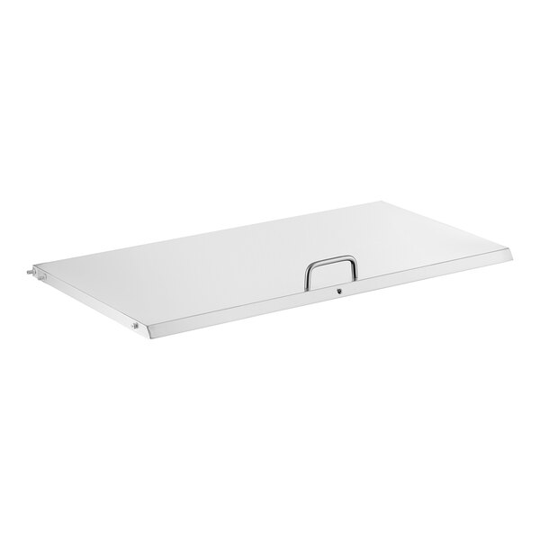 A white rectangular metal lid with a metal handle.