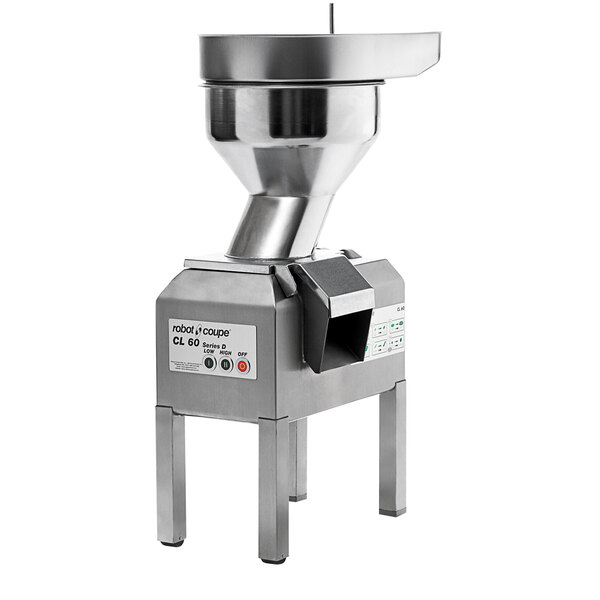 A stainless steel Robot Coupe food processor with a round container and lid.