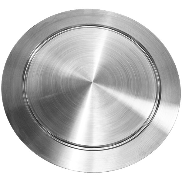A silver stainless steel circular plate with a circular texture.
