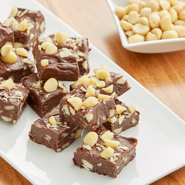 A plate of chocolate fudge with Regal Raw Macadamia Nuts on it.