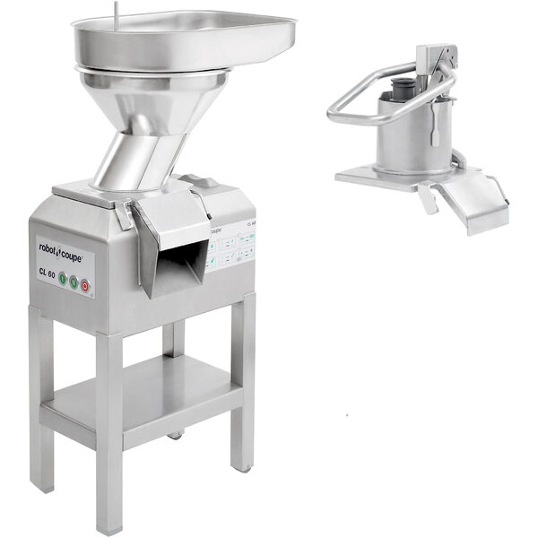 A Robot Coupe CL60 continuous feed food processor with two feed heads.