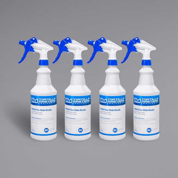 Four white bottles of Tortilla Masters Flex Glide spray with blue labels.