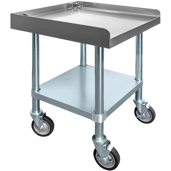 A Tortilla Masters stainless steel equipment stand with wheels and a shelf.