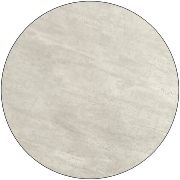 A close up of a white round table top with a grey border and a white surface.