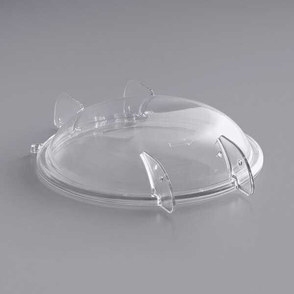 A clear plastic hinged lid for an Avantco commercial potato peeler.