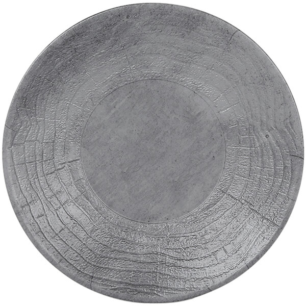 A grey Elite Global Solutions Denali melamine plate with a circular embossed design.