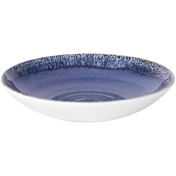 An indigo blue and white bowl with a black rim.