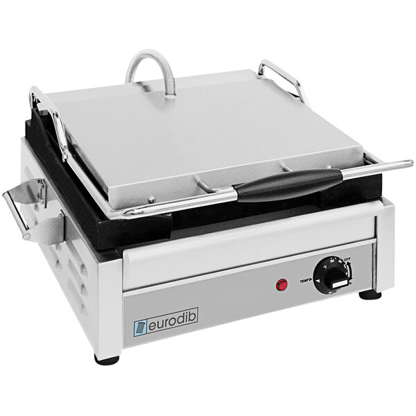 A Eurodib commercial panini grill with grooved plates and a black handle.