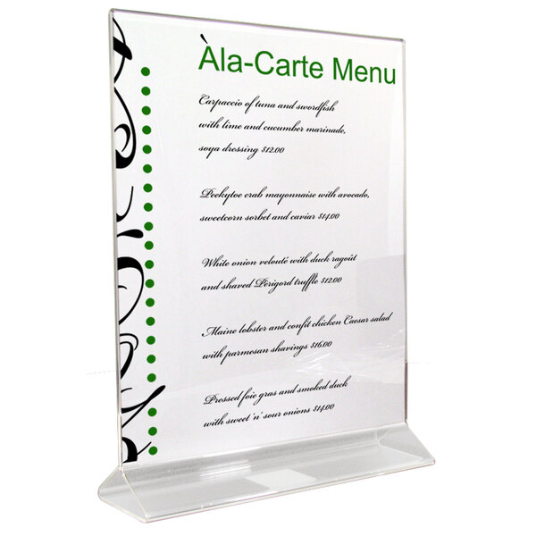 A LeeTee clear acrylic tabletop displayette holding a menu card with black and green writing.