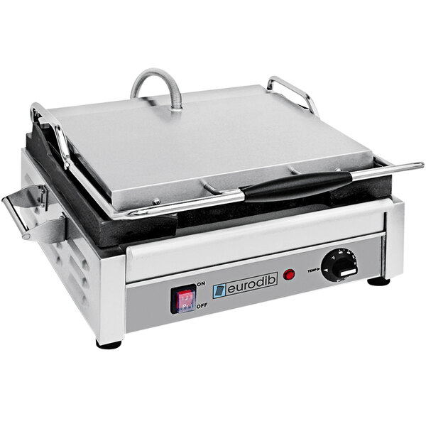 A Eurodib stainless steel commercial Panini grill with a lid and handle.