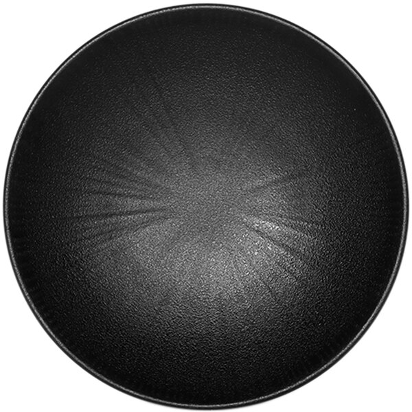 A close up of a black Elite Global Solutions Hermosa coupe melamine plate with a circular pattern.