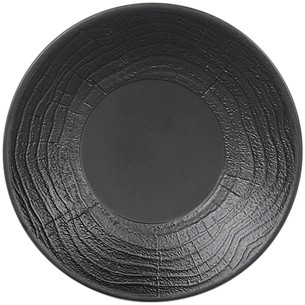 A black Elite Global Solutions melamine plate with an embossed circular design.