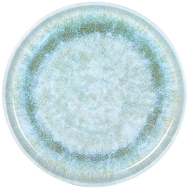 A close-up of the Elite Global Solutions Monet melamine plate with a blue and green speckled design on a white background.