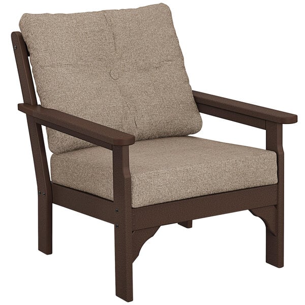 A POLYWOOD Vineyard Mahogany deep seating chair with a Spiced Burlap cushion.