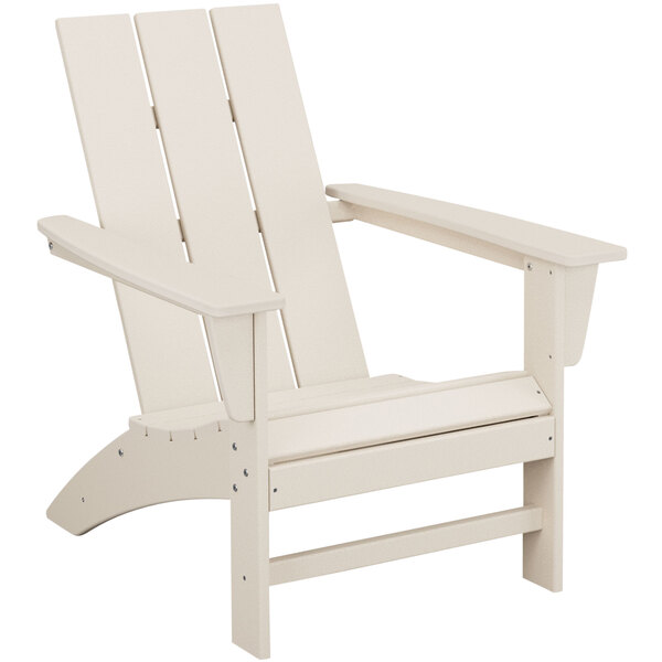 A white POLYWOOD modern Adirondack chair with armrests.