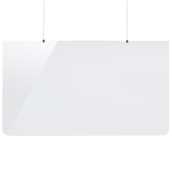 A clear acrylic rectangular safety shield hanging from metal hooks.