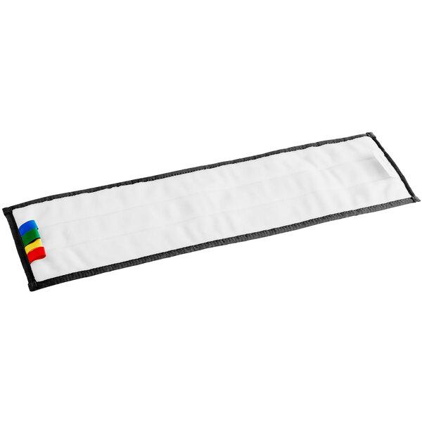 A white cloth with a colorful stripe.
