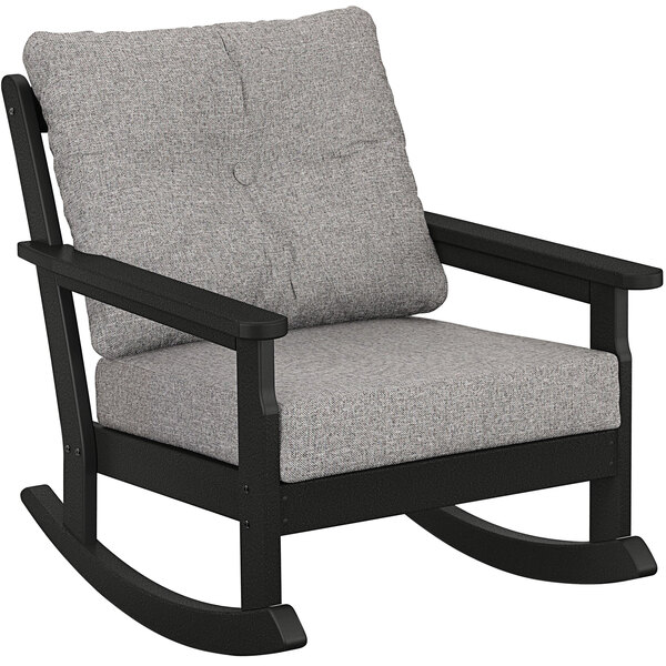 A black POLYWOOD Vineyard rocking chair with a grey cushion.