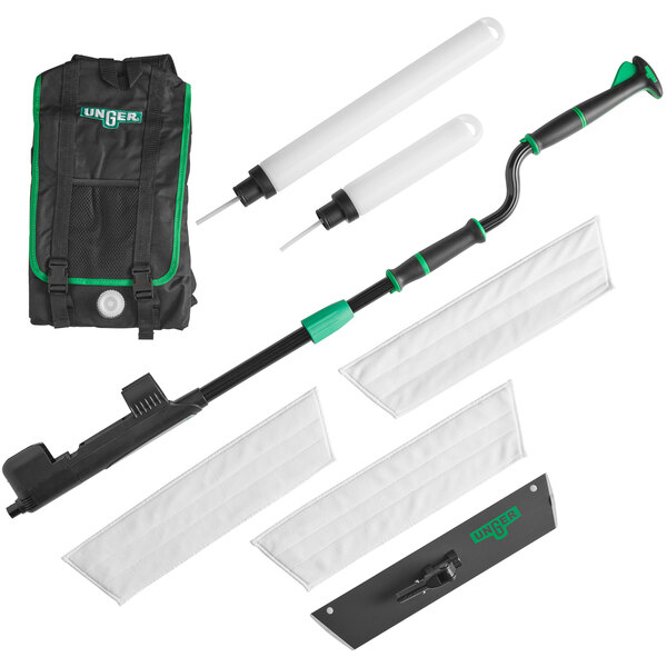 An Unger black and green floor finishing kit in a black and green bag containing cleaning tools.