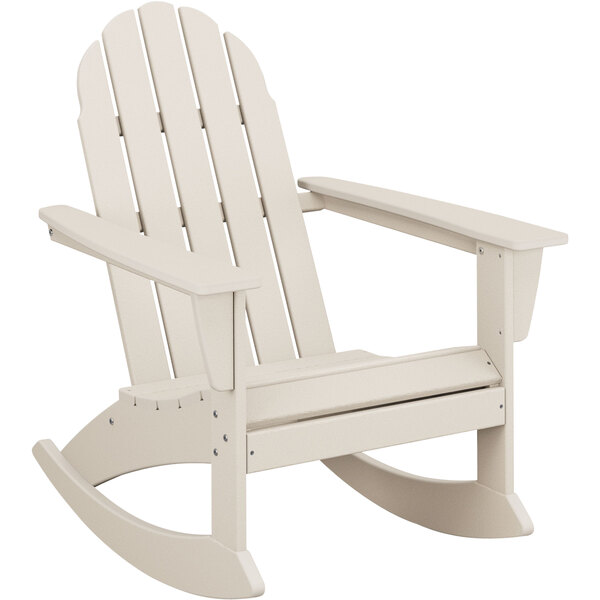 A white POLYWOOD Adirondack rocking chair with armrests.