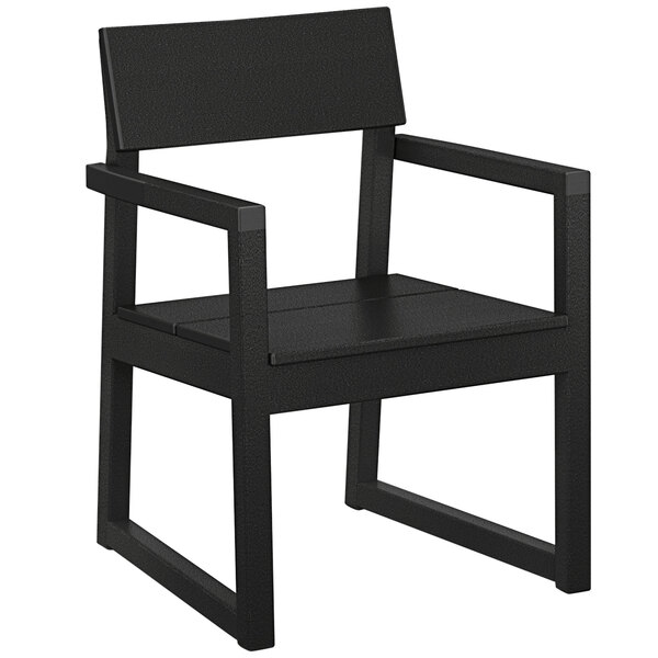 A black POLYWOOD outdoor dining arm chair with a wooden frame.