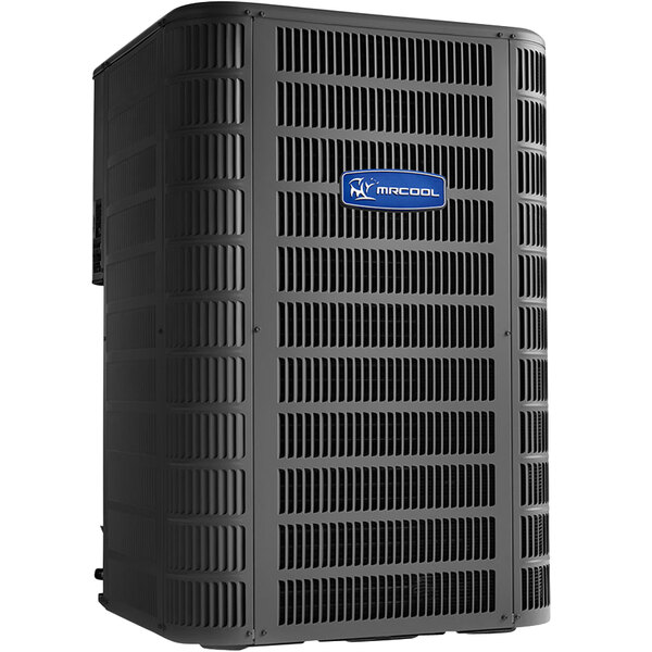 The black rectangular MRCOOL Signature 2.5 Ton A/C condenser with a blue and white logo.