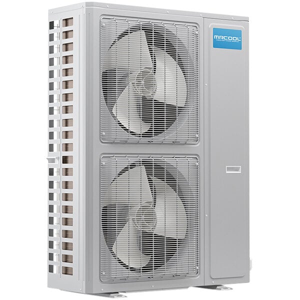 A white MRCOOL central air system with fans and a blue and white logo.