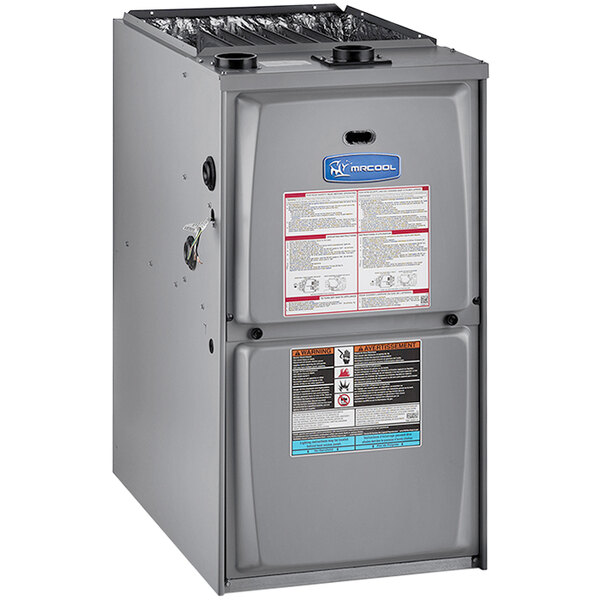 A grey rectangular MRCOOL gas furnace with a blue label.