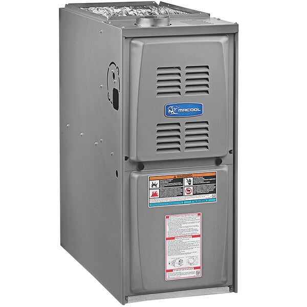 A grey MRCOOL natural gas furnace with a vent.