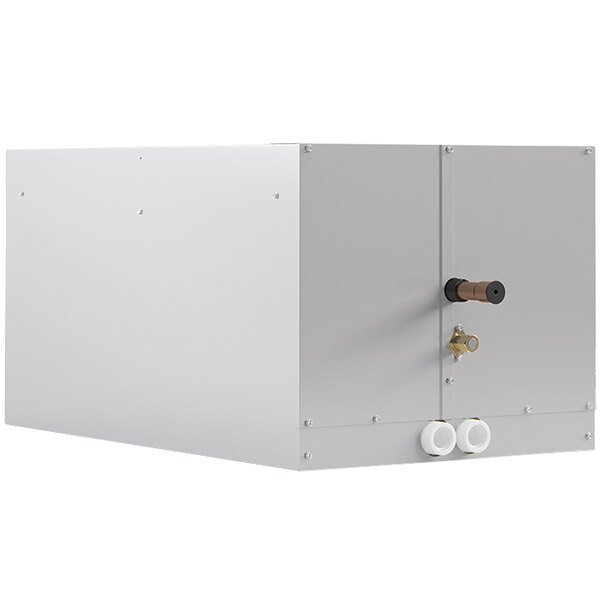 A white box with a black handle containing a MRCOOL Signature evaporator coil.