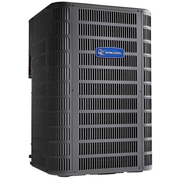 A close-up of a black MRCOOL Signature 5 Ton heat pump with a blue label.