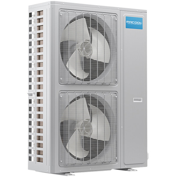 A large white MRCOOL air conditioning unit with blue and white lettering and fans.