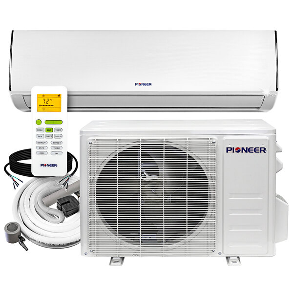 A white Pioneer Ductless Mini Split air conditioner with a remote control with green buttons.